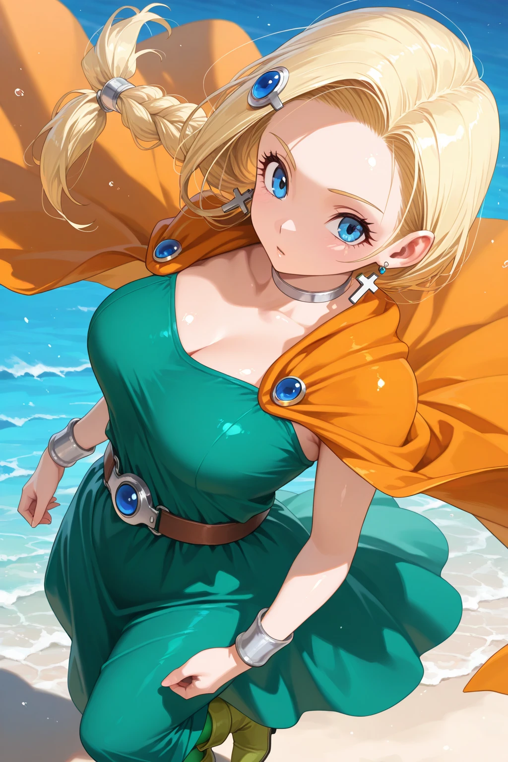 (ultra detailed),Upper Body Up､Smile、Indoor、bianca \(Dragon Quest,Blonde Hair,braided ponytail,one line braid,hair ornament,hair on shoulders with Scrunchie,hair ornament,Blue Eyes,Lashes,gem,gem,ear piercing,Cross Earrings,bracelet to enter the ocean,silver choker,Orange Cape,green dress,off sleeve ,Dress with sleeves,Long Cape,belt buckle, green legwear,boots,Green Skirt,long skirt,(masterpiece),(best quality),hi-res,Anime,shiny skin,