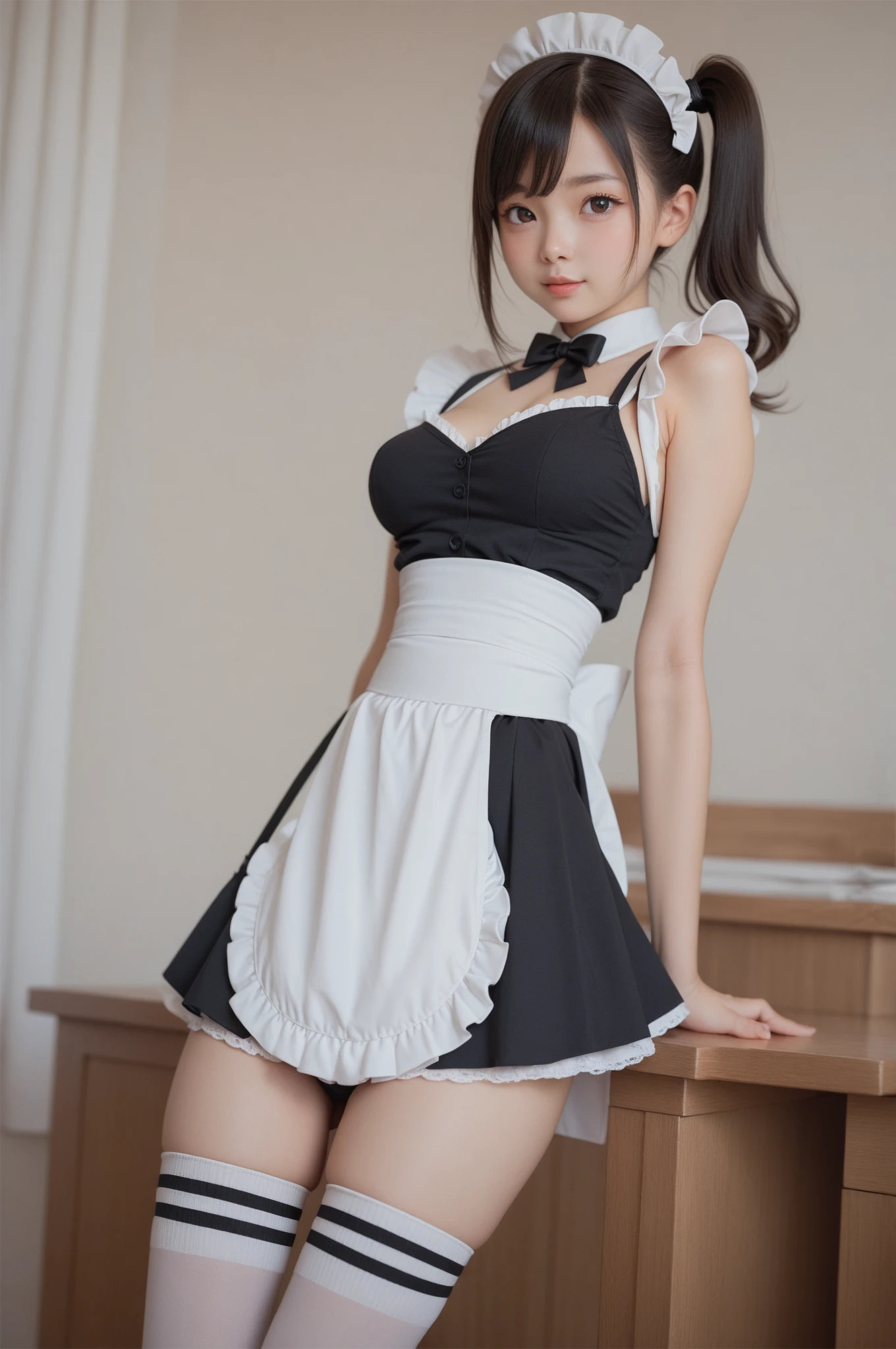 Three Women,Long hair,Wave hair,Curly hair,Sexy Pose,Cosplay,Maid Uniform,Panties,Smiling,Seductive smile, masutepiece, extremely fine and beautiful,Garter Belt,From below,maid apronl,NSFW,Butt,from behind,Indoor,a cute young girl,Beautiful fece