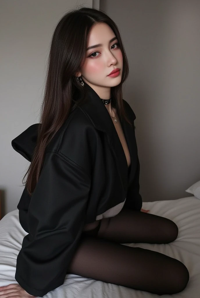  Korean with long red hair, wearing sexy short skirt and black blouse