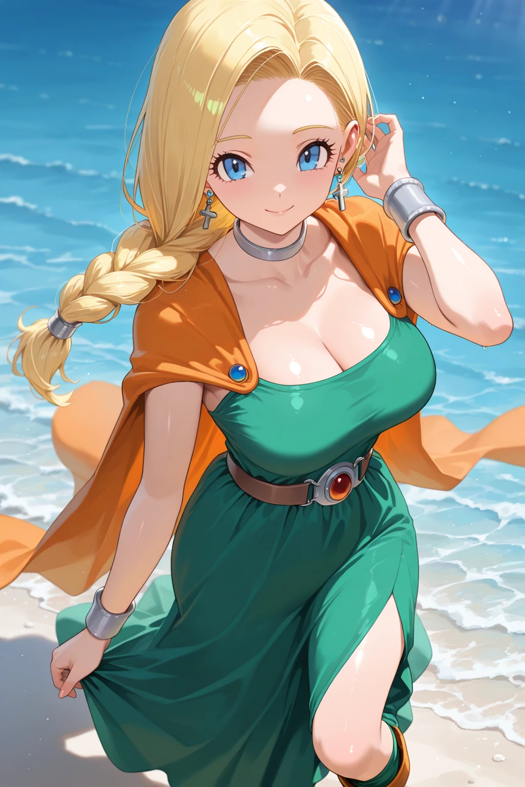 (ultra detailed),Upper Body Up､Smile、Indoor、bianca \(Dragon Quest,Blonde Hair,braided ponytail,one line braid,hair ornament,hair on shoulders with Scrunchie,hair ornament,Blue Eyes,Lashes,gem,gem,ear piercing,Cross Earrings,bracelet to enter the ocean,silver choker,Orange Cape,green dress,off sleeve ,Dress with sleeves,Long Cape,belt buckle, green legwear,boots,Green Skirt,long skirt,(masterpiece),(best quality),hi-res,Anime,shiny skin,