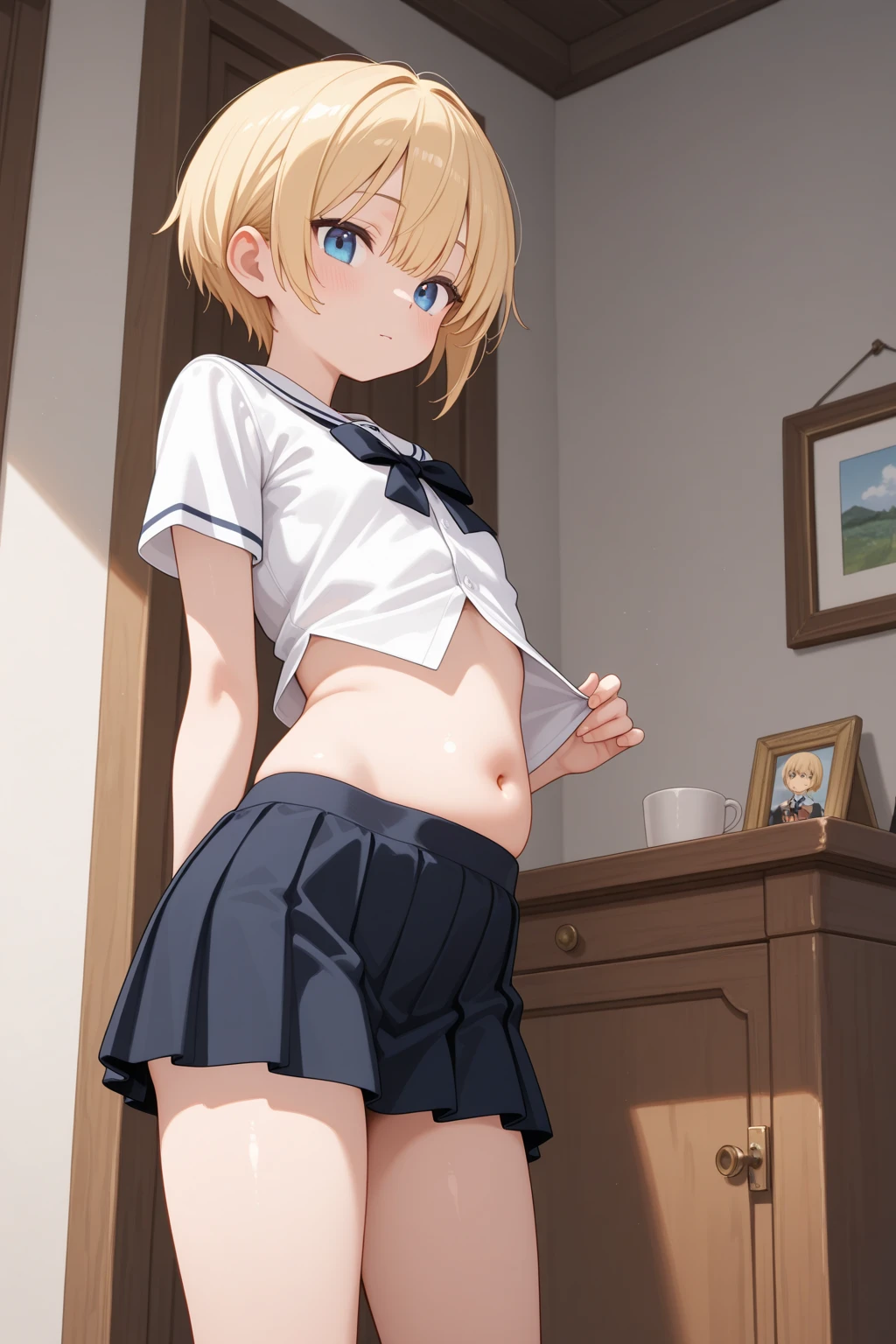 (((masterpiece))),highres,absurdres,(((best quality))),official art,perfect lighting,looking at viewer,aquarium,indoors,
1boy, femboy, light smile, thin waist, bunny ears, bunny boy, cut curvy hair, blonde hair, blue eyes, angelic eyes, round eyes, pastel color, (PastelColors: 1.3), cute shirt, white panties , blue little ribbon, volume in underwear, random pose, face focus, ((sharpness)), (perfect hands), wide hips, ((( dick on panties)))