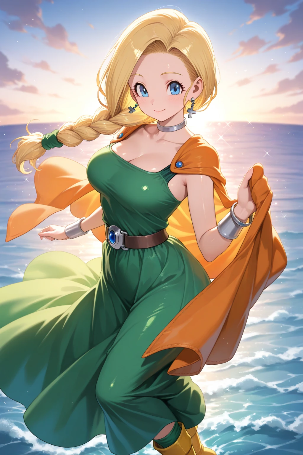(ultra detailed),Upper Body Up､Smile、Indoor、bianca \(Dragon Quest,Blonde Hair,braided ponytail,one line braid,hair ornament,hair on shoulders with Scrunchie,hair ornament,Blue Eyes,Lashes,gem,gem,ear piercing,Cross Earrings,bracelet to enter the ocean,silver choker,Orange Cape,green dress,off sleeve ,Dress with sleeves,Long Cape,belt buckle, green legwear,boots,Green Skirt,long skirt,(masterpiece),(best quality),hi-res,Anime,shiny skin,