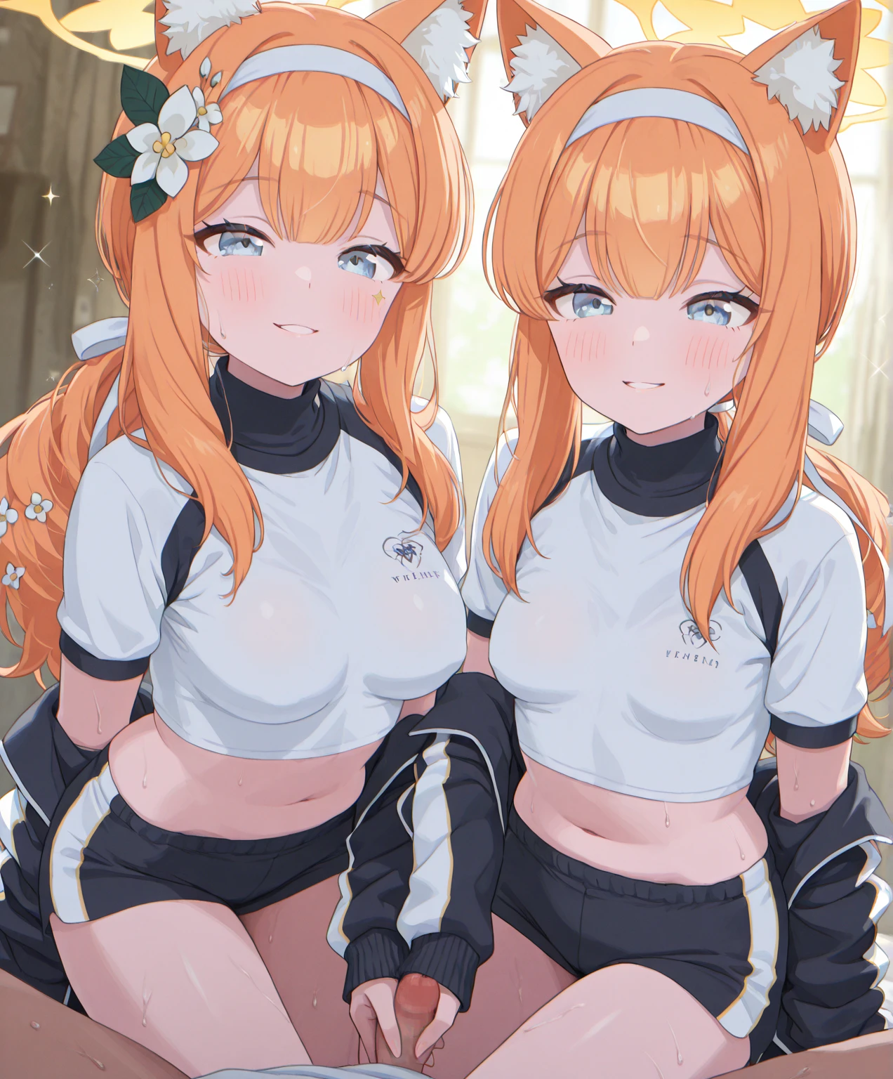(Highest quality:1.4),(Very detailed:1.5),(High resolution),(8k),(wallpaper),(Perfect lighting:1.2),((Japanese:1.5)),((blonde:1.5)),(((Two mature women standing side by side:1.5))),((4)),((Hooters)),(((Fitted white tank top with logo:1.5))),(((Orange shorts that bite into your body:1.5))),(((Very detailedなコスチュームの描画:1.5))),break(((They both wear the same uniform:1.5))),(Beautiful Eyes:1.5),(Detailed face drawing:1.5),(Detailed face drawing:1.5),((Very detailedな女性の手:1.5)),(Glowing Skin:1.2),(Big Breasts:1.4),((Thick thighs:1.5)),((Sensual body:1.5)),break(Sports Bar Background:1.5),(((Blur the background:1.5))),((smile:1.5)
