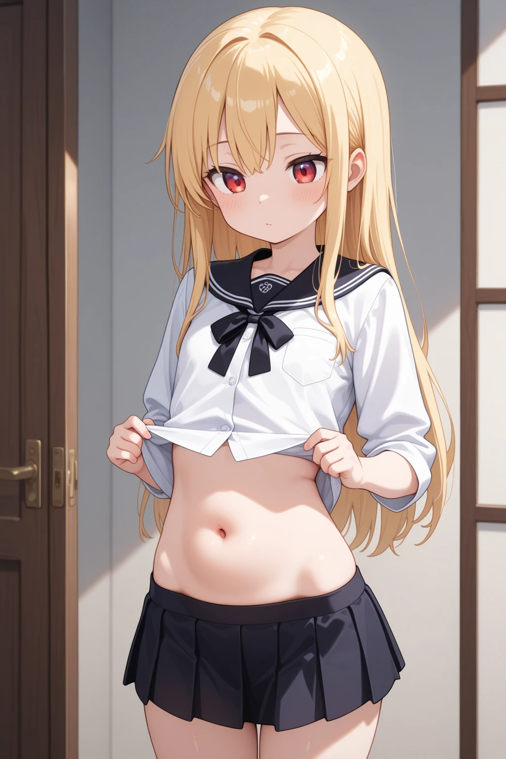 (nsfw:0.7),(RED Ribbon on HAIRband:1.2),female , small breasts, , Blonde hair, RED eyes, masterpiece best quality anime style 4k beautiful face(1girl Change of clothes for nurse costume)((take off under wear in dressing room))