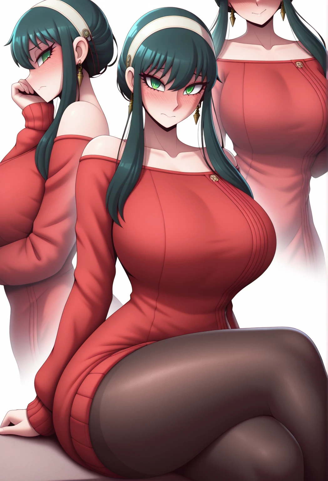masterpiece,best quality,extreme detail,8k,image sharpness,puri2,solo,<lora:puripuri:0.9>,bbyorf,short hair with long locks,white hairband,red eyes,gold earrings,large breasts,jewelry,off shoulder,red sweater,sweater dress,long sleeves,black pantyhose,<lora:yor_forger_v1:0.8>, large breasts, thick thighs