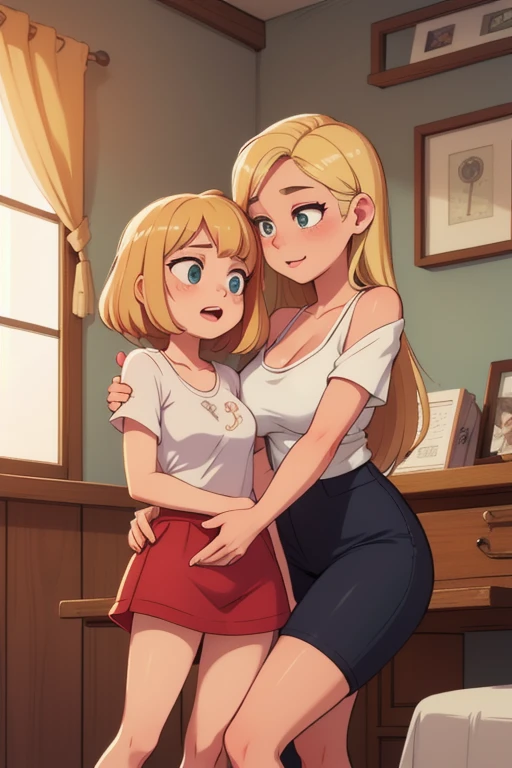 anime girl with a big breast and a guy with a big breast, blonde - haired princess, gentle femdom, detailed fanart, blonde, (sfw) safe for work, commission for high res, cel-shaded:17, realistic schoolgirl, rule 34, cel shaded:15, touching her clothes, cel shaded!!!, loish |