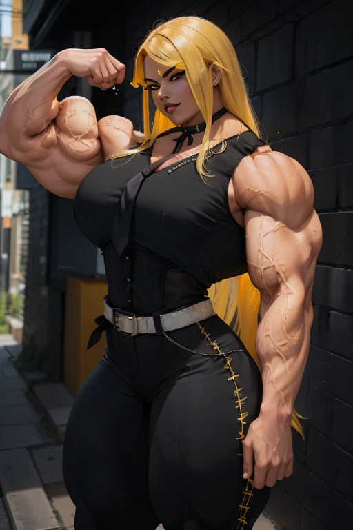 ((((Massive, tall, beautiful, buff, light brown skinned, muscular woman with yellow hair, black lipstick, ginormous bulky muscles and wearing a beautiful gothic dress with a witch hat)))), black eyeliner, (massive muscles), massive biceps, hyper muscle triceps, (flowing long hair), gray eyes, thigh high stockings, thigh high boots, in the spooky forest, nighttime, surrounded by souls, evil smile, hyper muscles arms, hyper muscle legs, massive buff arms.