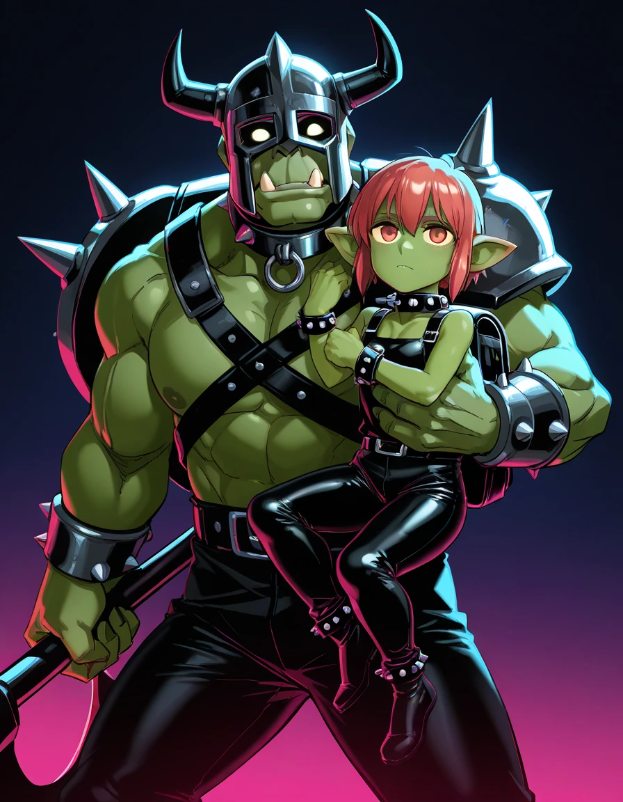 A muscular black man with long straight brown hair and yellow eyes fucking a femboy with wavy green hair with horns
