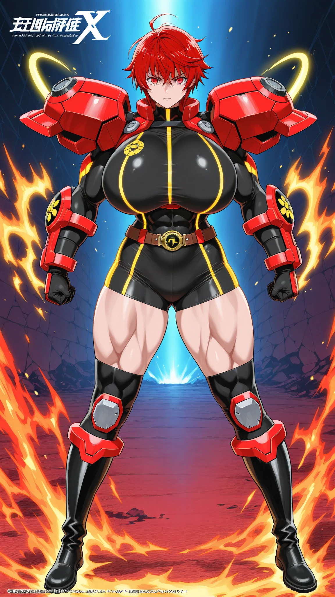 full body standing good face, nice ass, red spiky hair, beautiful woman, wide hips, cleavage, jumpsuit, leotard, heavy boots, apocalypse, muscular, thighs, mature woman, abs, looks at the viewer, lustful smirking smile face red blush