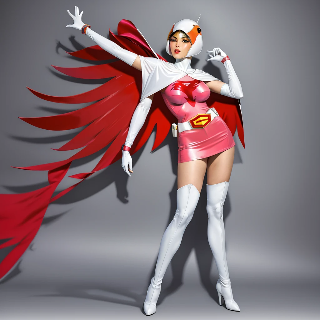 ANI_CLASSIC_jun_gatchaman_ownwaifu,1girl, 15yo,good anatomy, masterpiece, best quality,realistic, hyperrealistic, 16k hdr, long hair,breasts,green eyes,lips,large breasts,lipstick,makeup,gloves,cape,helmet,belt,elbow gloves,white gloves,mask,ultra miniskirt,leotard,spacesuit,white tight overknee highheels boots,pink dress,superhero,bodysuit,cleavage,erected nipples,(sexy pose,view from above),(spread legs:1.1),cameltoe