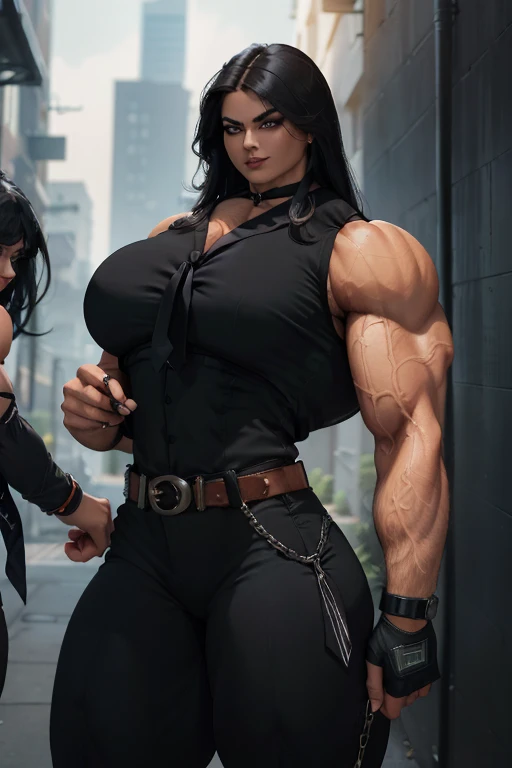 masterpiece, realistic, detailed, young geeky woman, (young, teenager), (hypermuscle:1.8), long straight black hair, black lipstick, ((loose baggy oversized grey tshirt)), black thong, realistic face, (irritated expression:1.2), small waist, massive thighs, gigantic ass, (detailed face, beautiful face, realistic face), huge lips, mall
