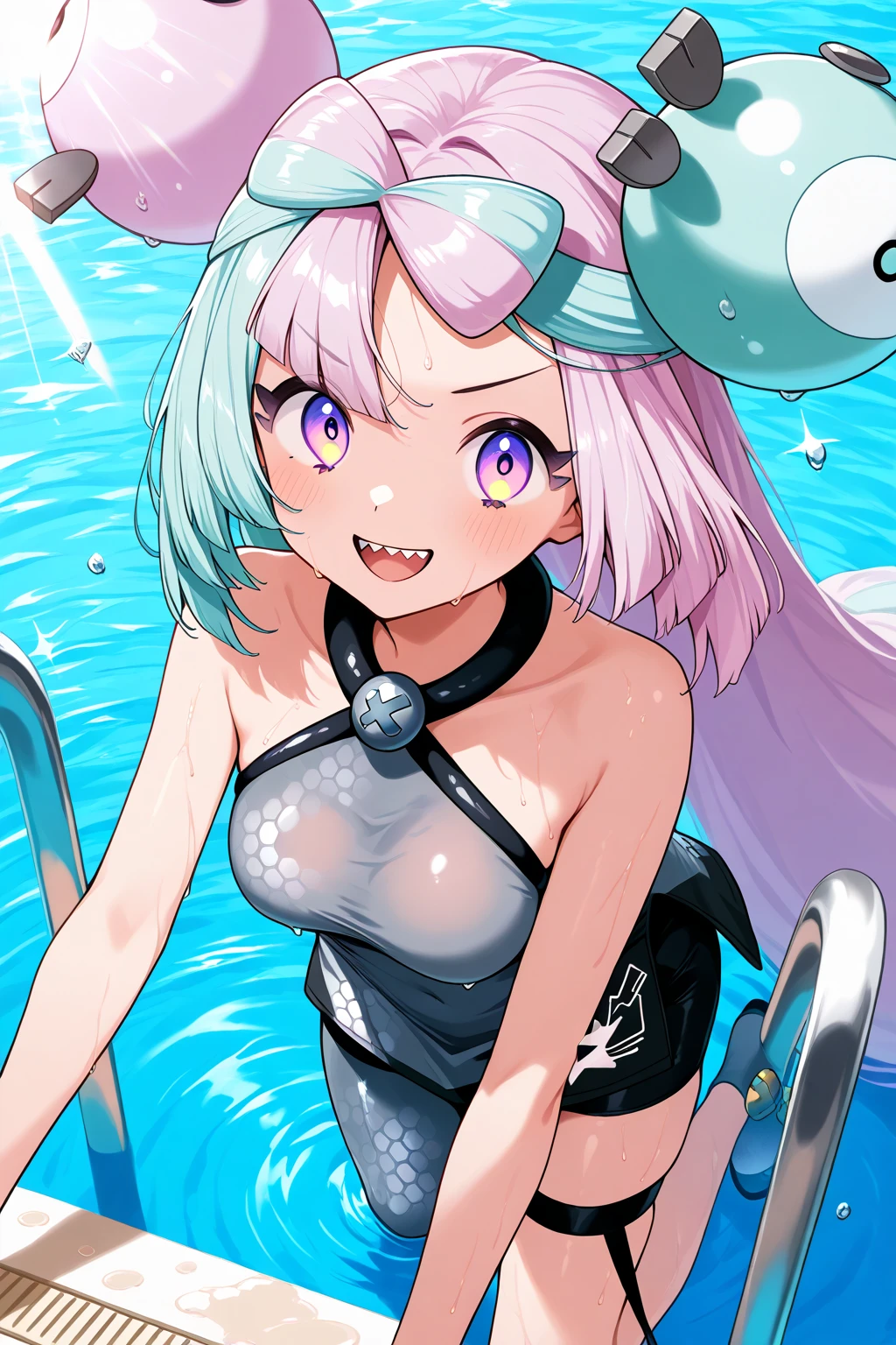 1Female、When I was reincarnated, I was a slime character（child）、masterpiece、superior quality、accurate、animesque、child Demon King、Aimei、beautiful blue eyes and detailed、Long pink hair、two-tailed、Proud double tails, very short bikini and black、Average breasts、True to the original、((barefoot)), muscular belly, beautiful muscular legs, (Smile), standing, (full body photograph)