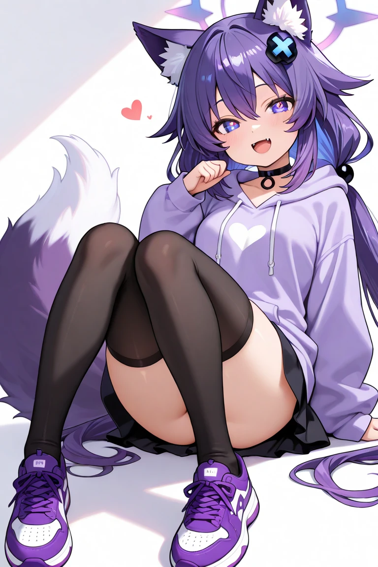 sharp wolf ears, 1girl, gold eyes, purple pearlescent blue hair, short messy hair, wolf tail, vibrant, HD, slim short hoodie, sexy boxers, toned, slim, fangs, purple thigh socks, adult little girl
