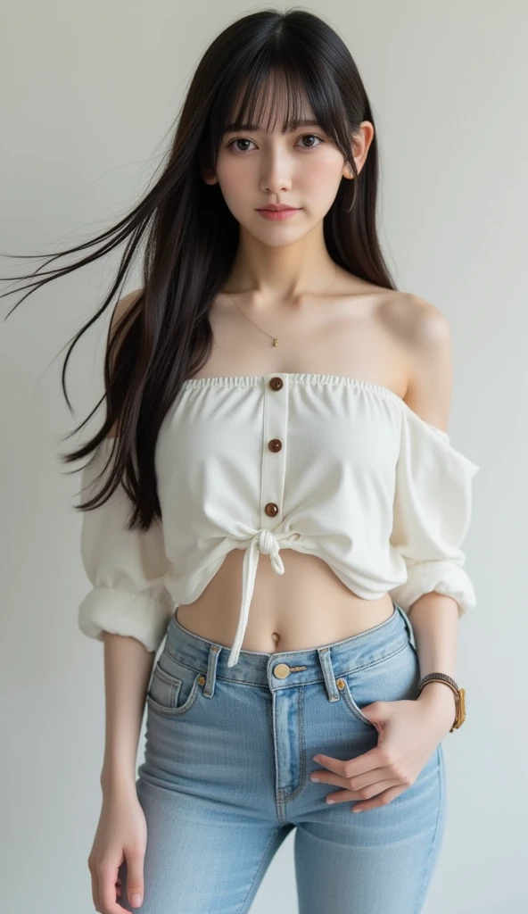nsfw,,8k,ultra-detailed,best quality, masterpiece, ultra high res, (photorealistic:1.5), RAW photo,looking at viewer,clear eye,1 girl,20year-old,realistic:1.5,JK Makeup,Perfect figure,Normal chest,The chest is open,Off the shoulder,front,Standing posture,Wave,semi-long,Peeps Girls,Urahara system,Strong and cute:1.3,PEEPS,Rakuma,WEGO,Shimamura,JK Fashion,Peeps items,