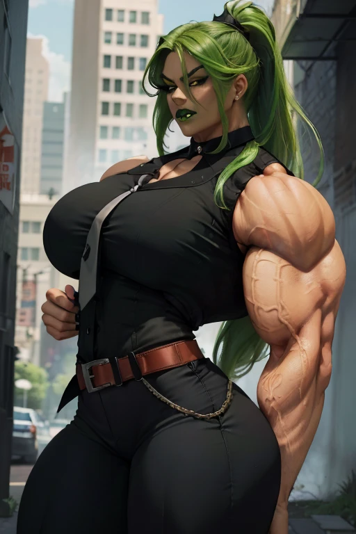 ((((Massive, beautiful, buff, light brown skinned, muscular woman with green hair, black lipstick, ginormous bulky muscles and wearing an all green Spider-man suit with pants)))), vascular body, massive muscle, massive biceps, hyper muscle triceps, (curvy long hair), orange eyes, (Spider-Man suit), high heels boots, city, at midnight, smirk, hyper muscles arms, hyper muscle legs, ginormous buff arms.