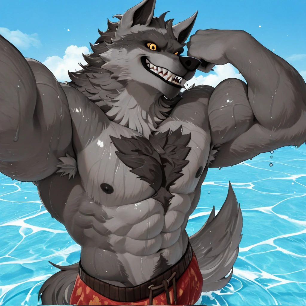 1 boy, solo, there is a blue wolf in a underwear taking a selfie, anthropology, wolf, hairy, blue and white fur, flex left arm muscles, korean muscle boy 2 1 years old, shirtless :: high detail, open v chest clothes, taken in 2 0 2 0, the super hot and sexy, the extremely hot and sexy, robust stocky body, 30 year old man :: athletic, taken in 2022, full scene shot ,selfie, beach, half body, flex muscle