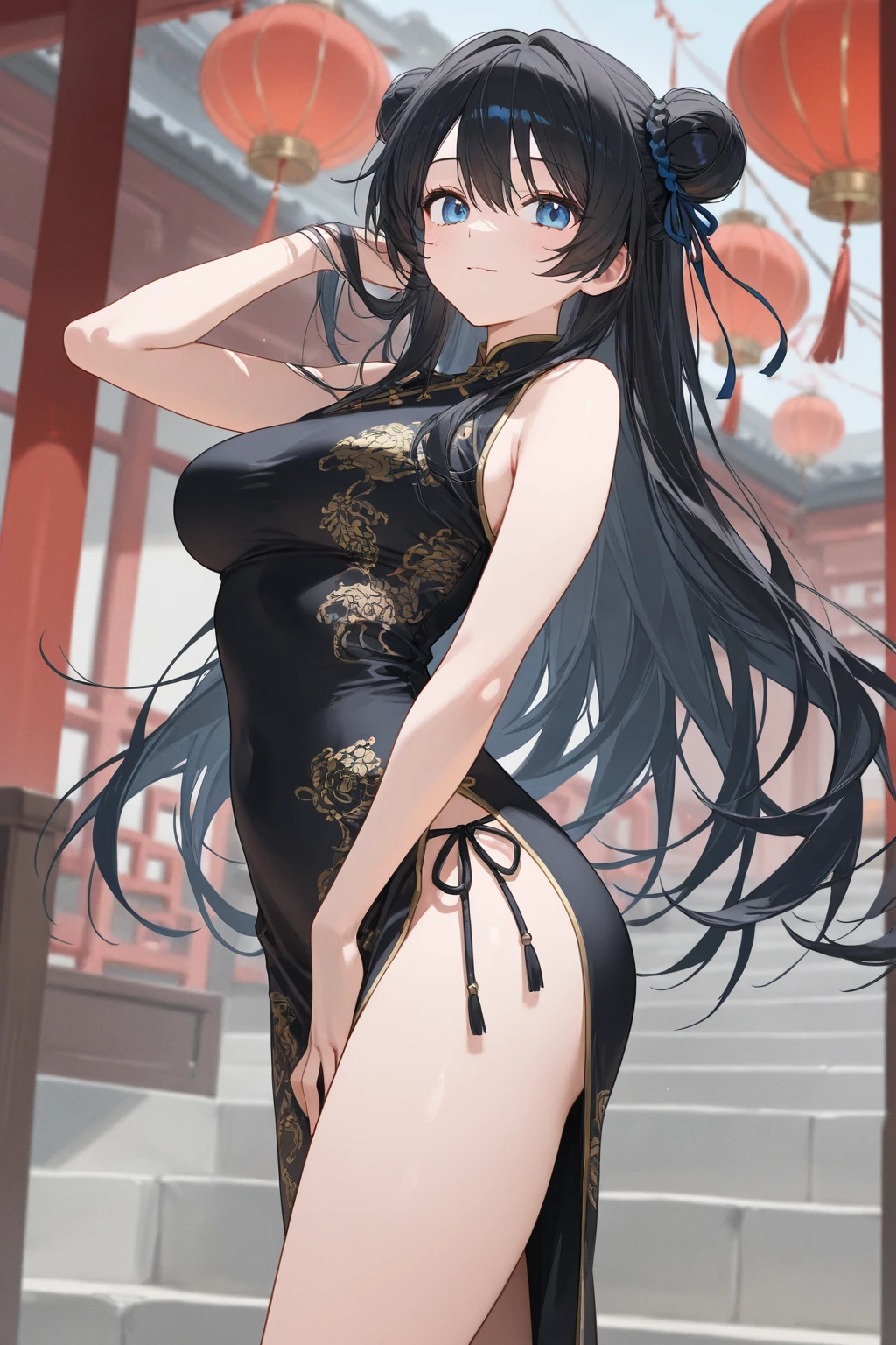 ((masutepiece, Best Quality)), ((hight resolution)), (photos realistic), Best Shadow, high detailing, Very detailed, (nice hand, Perfect hands), (Face Focus:1.2), ((1girl)), Beautiful Girl, 25 years old, blue eyes, (black long Hair:1.5), (normal breasts:1.3), (Smile:1.3), Glossy white skin, (view from front), (Very slender:1.3), (Cute face:1.3), (look at viewer:1.4), detailed facial features,droopy eyes, Crisp focus, perfect beautiful body and face, Perfectly focused, (standing:1.4), Long bangs, (in the night downtown:1.4), (china dress:1.4), (enchanting smile:1.5), windy