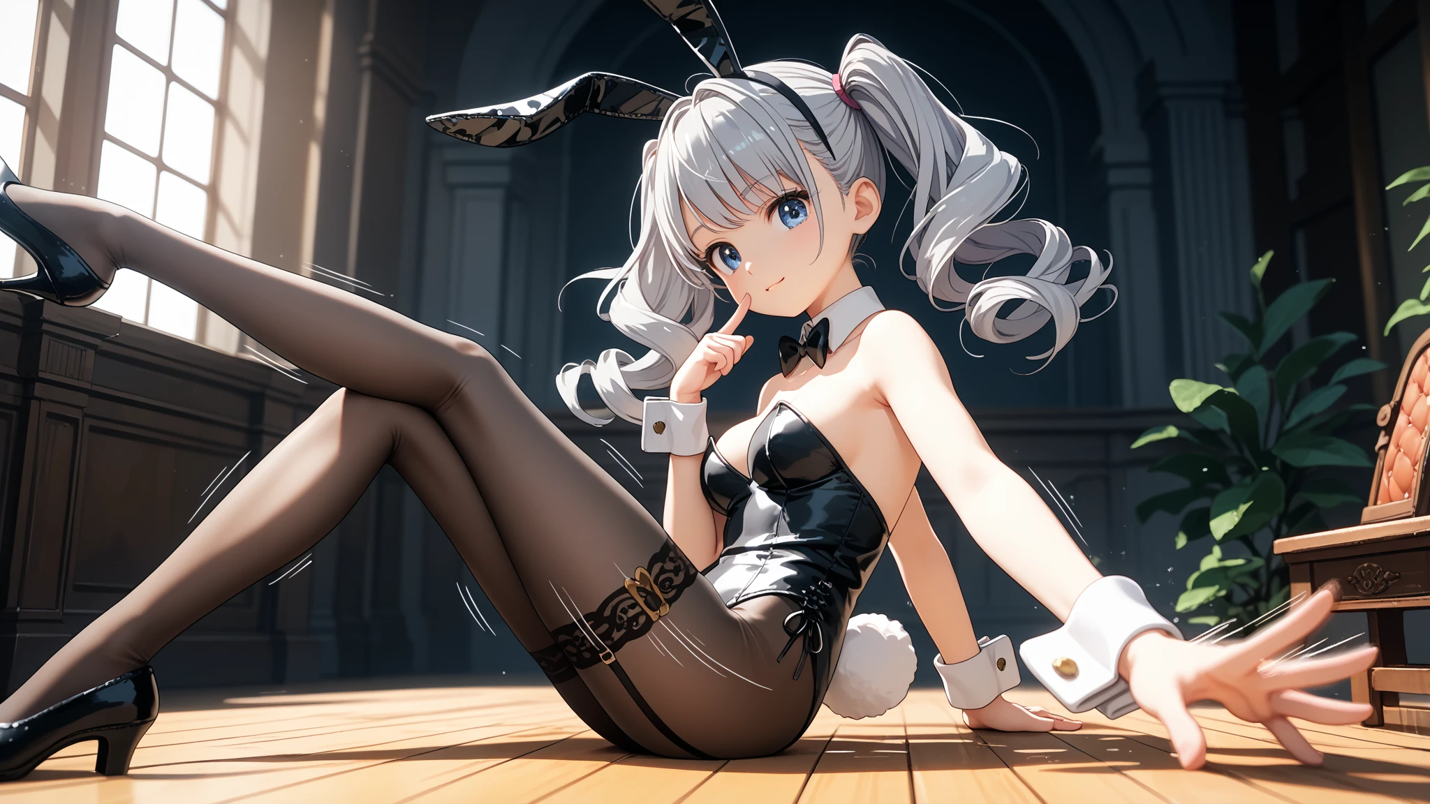(Highest quality:1.2, High detail, masterpiece:1.2, Best aesthetics), (1 Girl), Cowboy Shot, ((Playboy Bunny, Fishnet tights:1.2, Bunny ears, ハイレグ leotard, 白leotard:1.1, leotard)), (Silver Hair, ponytail, Asymmetrical bangs, Bright Blue Eyes), Beautiful attention to detail, Beautiful lip detail, Highly detailed face, Detailed Fashion, elegant, luxury, High quality fabric, Shine, Shine, smile, Random Pause, Dutch Angle, bar, Nightclub, night, Dramatic lighting, Cinematic, Bright colors, Intricate details, Chiaroscuro lighting.