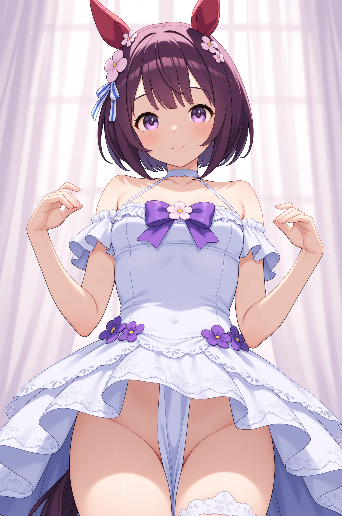 NSFW,((1man with 1woman,Having sex)), Cowgirl,Riding on top of a naked man,vaginal,sex,A little girl is pulling up a dress,bared  chest,teats,Genital Marudashi,Revealing clothes,Uma Musume,Nishino flower,Marl,shorth hair,Red headband,Beautiful purple eyes,Purple and yellow dresses,bow ribbon,small tits,Lori,flower petals,flower  field,Curvaceous,Smile with open mouth,red blush,Shy face,Top image quality,hight resolution,Best Quality