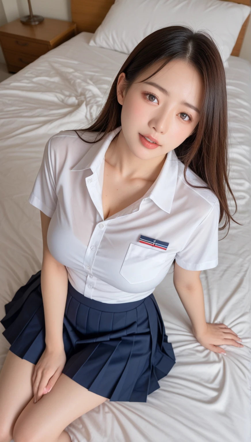 Japanese student uniform、femele、poneyTail、Sit up、open one's legs、Tight-fitting shirt、Raise your hand up、huge tit