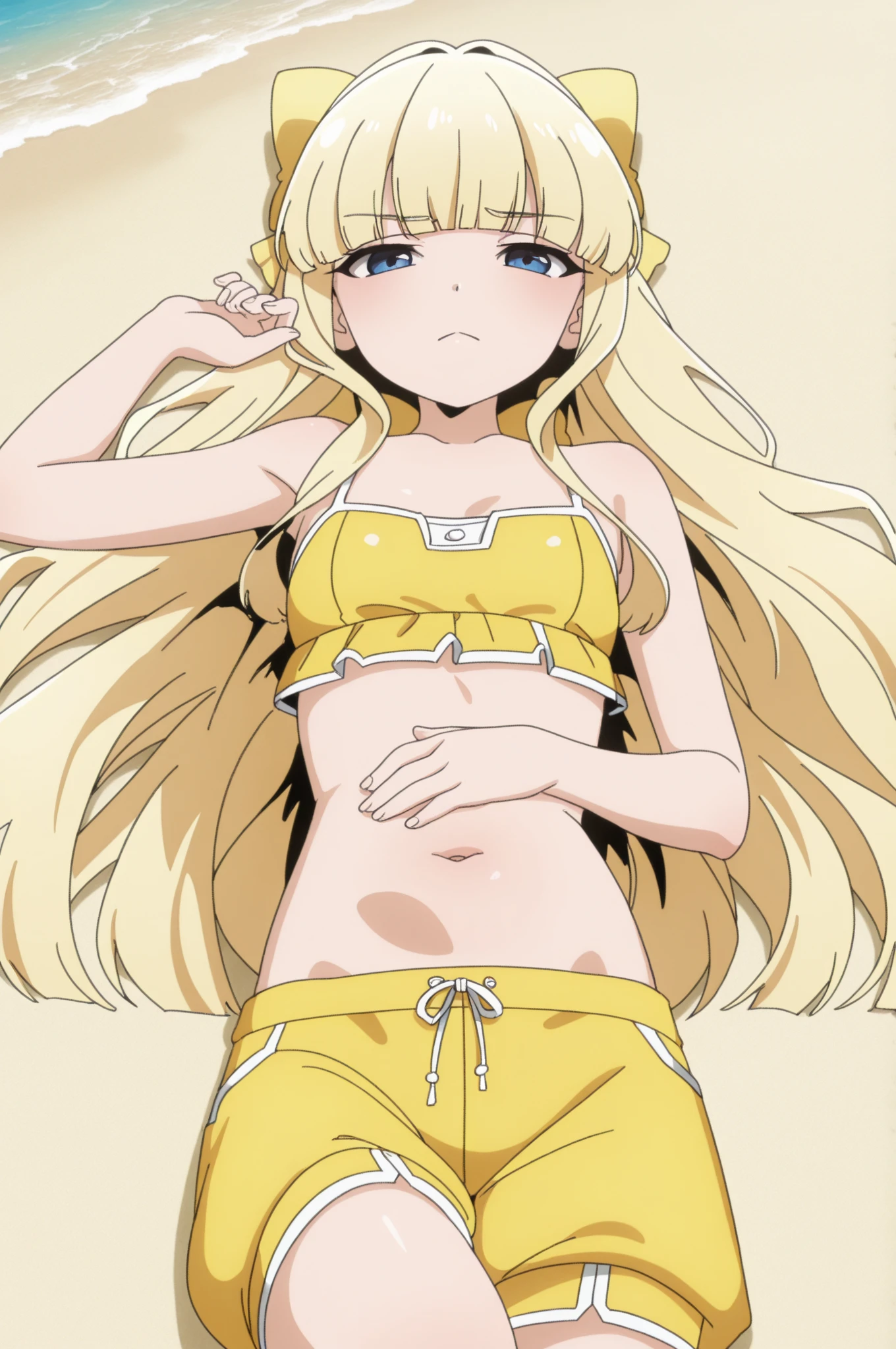 Rutina wearing yellow bikini, hands on hips, kneeling