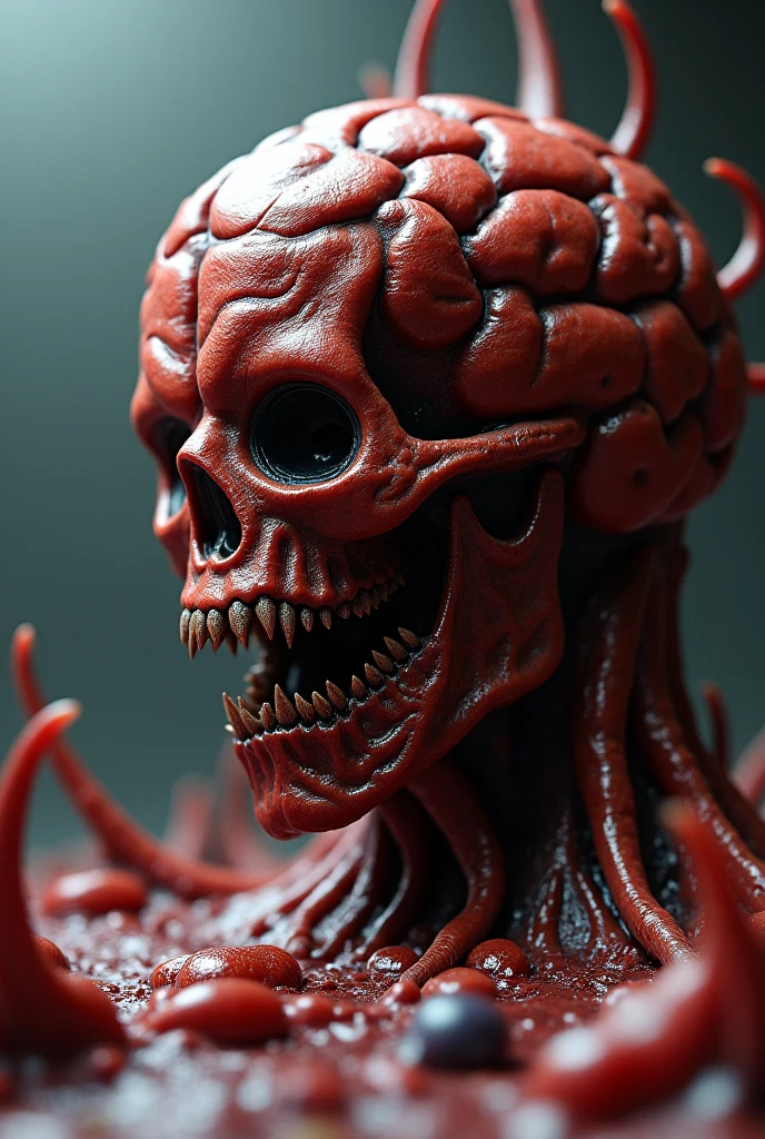 AtrozSinistral style, sinister, GORE, BIZARRE, mutated humanoid chicken with legless bizarre man