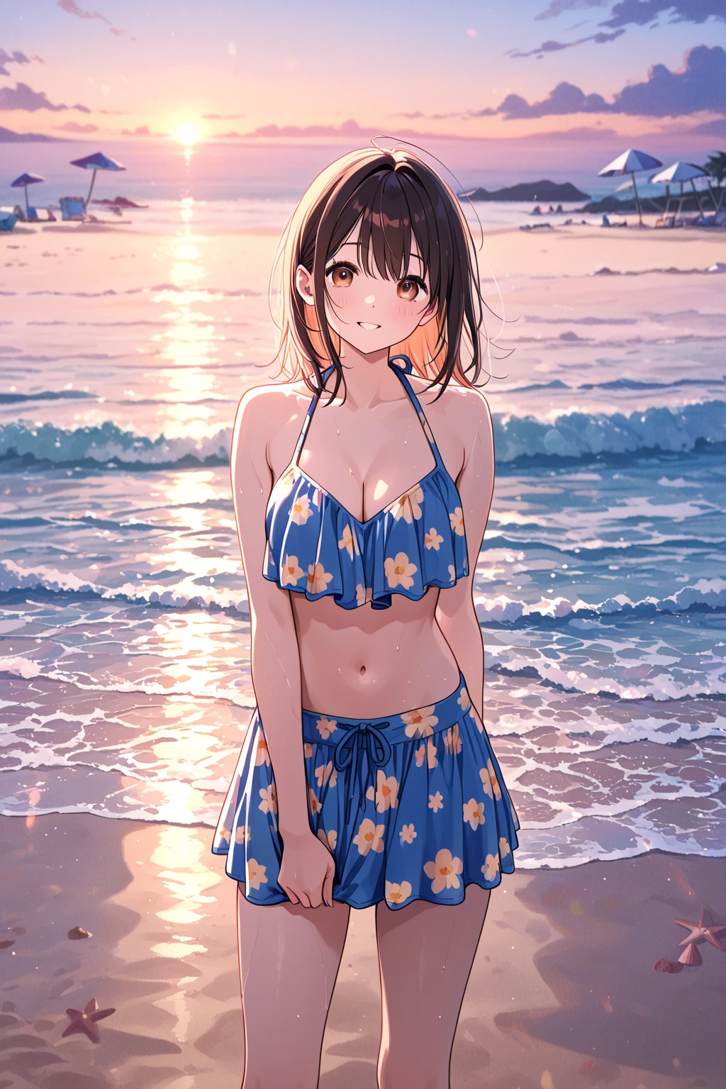 onegirl、neatnessgirl、beautifulgirl、Bikini、beach、Summer、Bikini、beautifulBikini、neatnessBikini、smile、beautiful、beautifulneatnessgirl、Sea、beautifulbeach, standing, afternoon and evening middle time, pink and orange sky, clouds ocean