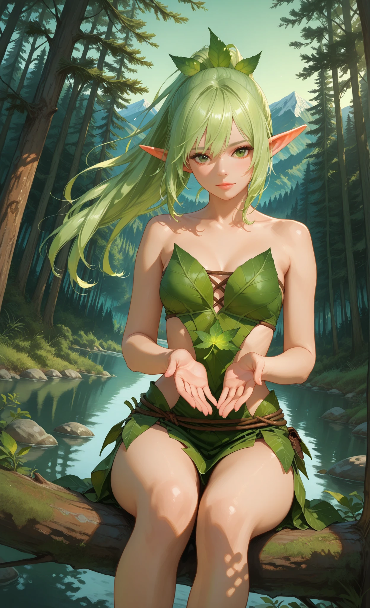 ((best quality)), ((masterpiece)), (detailed), 4k, green skin, pointy ears, goblin girl, cute, innocent, naive, absurdres, soft skin, small breasts, wearing leaf bikini, holding a large present, surprised expression, receiving a gift, holding a large birthday present, looking at present in hands