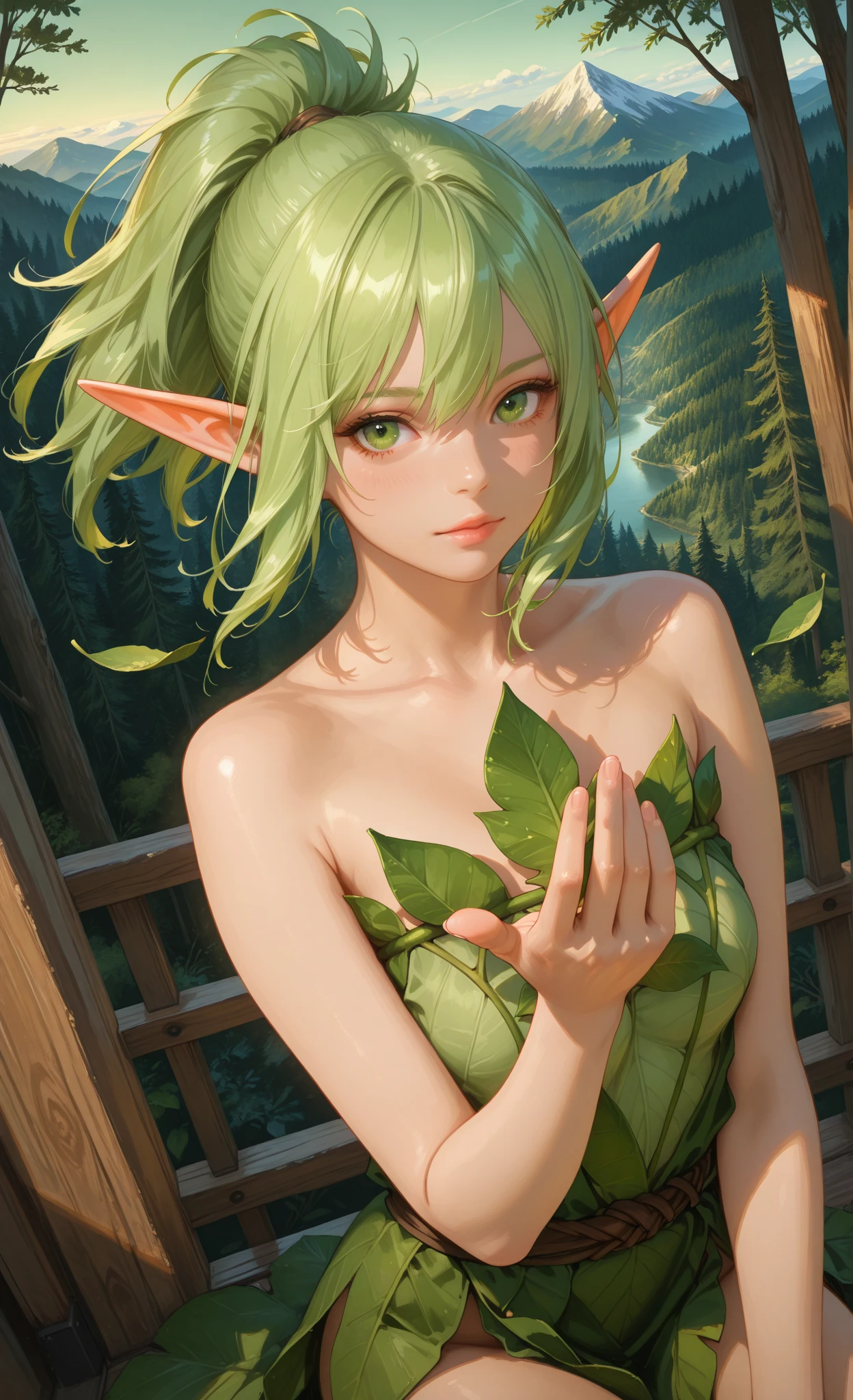 ((best quality)), ((masterpiece)), (detailed), happy goblin girl, green skin, pointy ears, yellow hair in tight ponytail, tiny breasts, 3 feet tall, very small, very tiny, very thin, muscular, lounging in a wooden sauna, wearing towel, looking at viewer, sexy smile, teasing, hot, steamy, sweaty, dark, single light source, sexy lighting, legs spread, cleavage