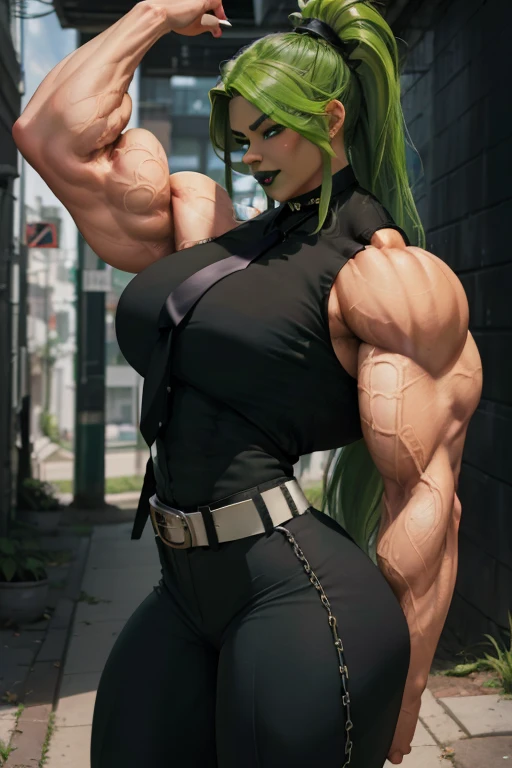 (((((Massive tall, beautiful, buff, light brown skinned, muscular woman with green hair, black lipstick, ginormous bulky muscles and wearing a beautiful long black leather cheongsam dress))))), close view, vascular, massive muscle, (massive biceps), hyper muscle shoulders, vascular shoulders, hyper muscle triceps, (curvy long hair), orange eyes, long high heels, cocky smile, ((in Hollywood red carpet)), evening, Vascular arms, hyper vascular arm, hyper muscles arms, hyper muscle legs, massive buff arms.