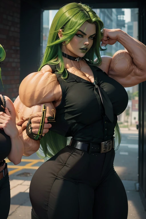 ((Close view)), tall, green haired woman, long curvy hair, light brown skinned, closed smile, ((black lipstick)), ((massive muscles)), (hyper muscle), ((ginormous bulky muscles)), ((glowing orange eyes)), (black tight dress), choker, high heels, (sitting legs crossed in a sports bar)