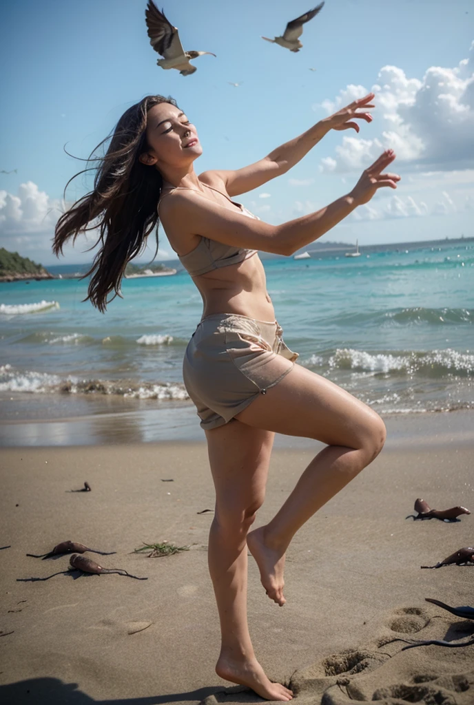 Mulher de salto andando na praia