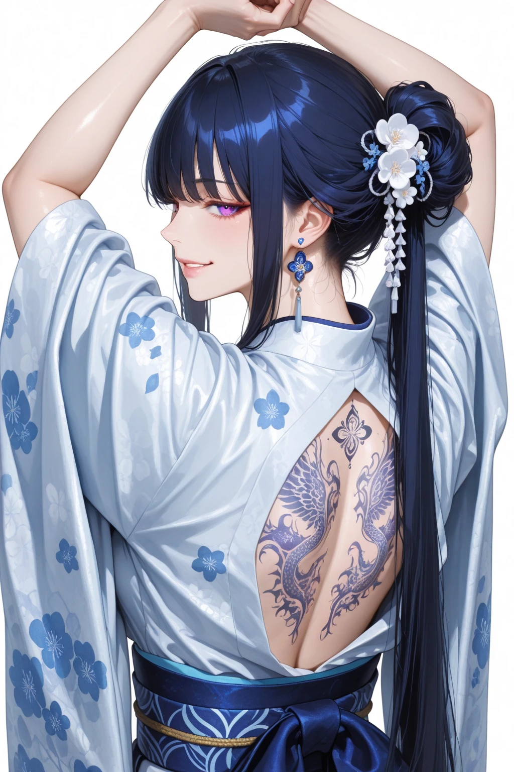Raiden, genshin impact, (masterpiece, top quality, best quality, official art, beautiful and aesthetic:1.2),1girl, tattoo, solo, japanese clothes,  hair ornament, unsheathing, purple hair, braided hair, sheath, ((tattoo)), shoulder tattoo, purple eyes, off shoulder, bare shoulders, flower, looking at viewer, makeup, indoor, blush, ear piercing, breast tattoo, neck tattoo, hand tattoo,
