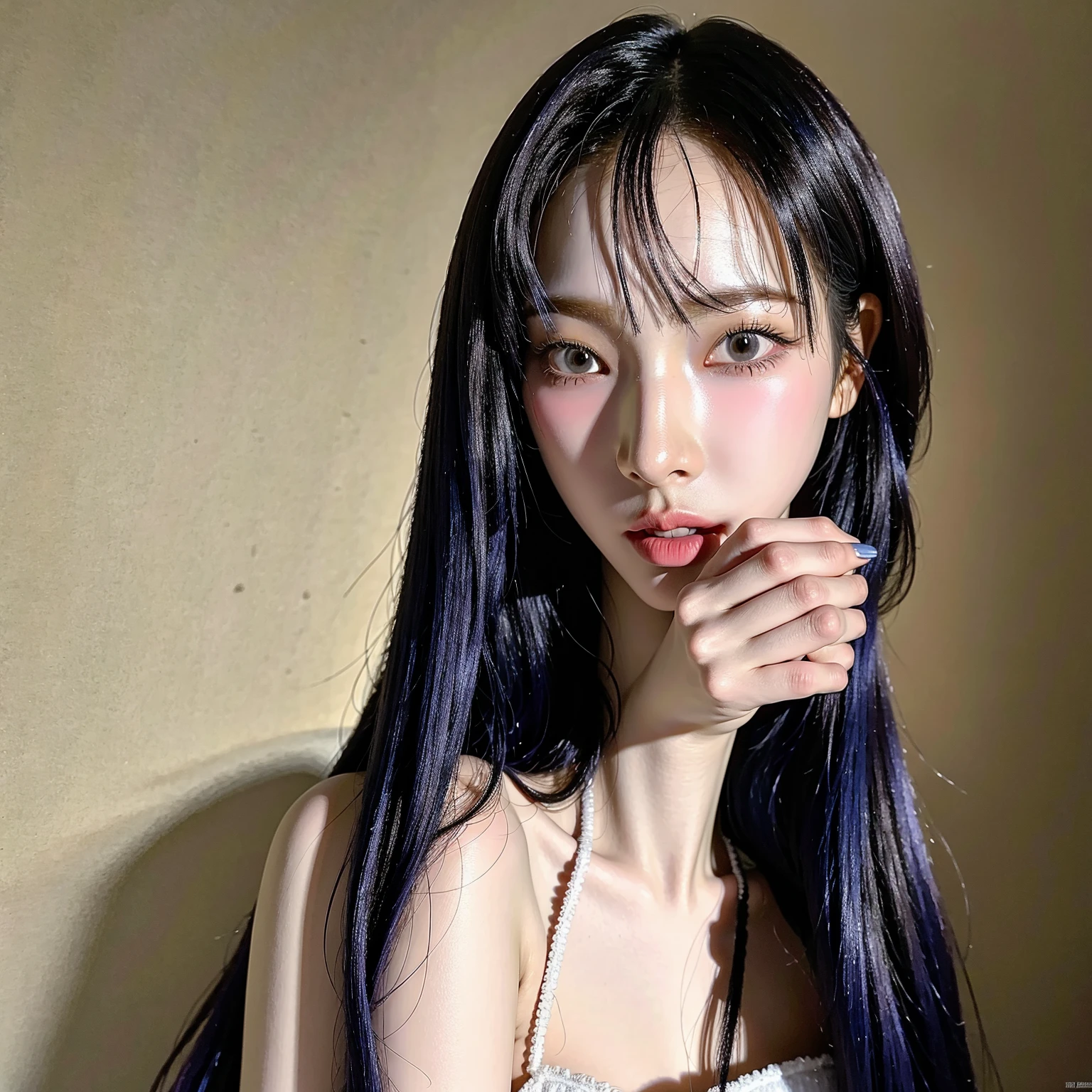 Photorealistic, Portrait of korean women, double folded eyelids, dark purple-black long straight balayage hair, black huge thin hoop earrings, black large bold eyelines, purple bold eyeshadows, huge eyelashes, black leather turtleneck dress,  purple lips