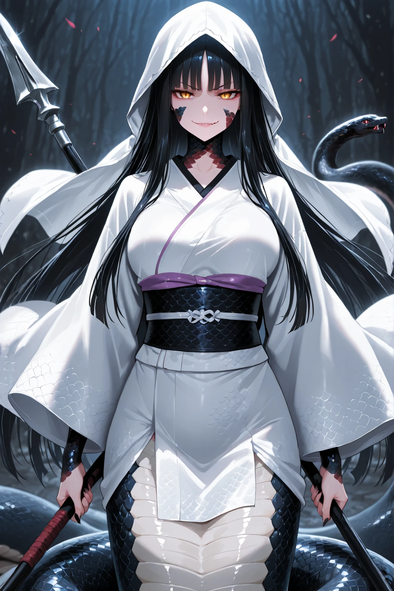 Lamia Girl. Black hair. Straight bangs. Straight hair. Long hair. Eyes without highlights. Smirk. Sharp eyes. Snake scale cheeks. Japanese white hood. Japanese veil. Japanese kimono. White costume. Breasts. Black snake body. Spiky scales. Weapon carried. Japanese spear.