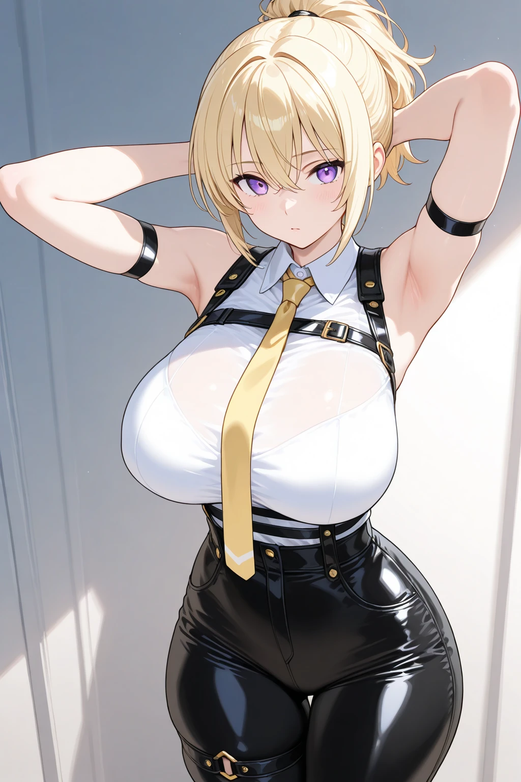 1 Cute naughty martial artist, Pastel colors hair, (Excessively overwhelmingly gigantic huge breasts:1.6, Thighs:1.2, thick legs:1.2, curvy:1.2), yellow orange hair, (undercut:2.0, short two side up:1.2, medium hair:1.8), (?????:1.4), standard height, (blush:1.2, fang:1.2, ;d), at the adventurer's guild, A bulletin board with posted paper, fighting stance