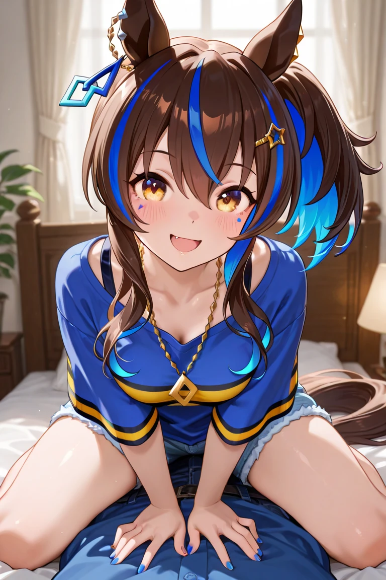1Girl, daitaku helios (umamusume),umamusume,horse girl,bottomless,sitting, spread legs,cowboy shot,straight-on, shiny skin,simple background, on bed, masterpiece, best quality,very aesthetic, mid, recent
