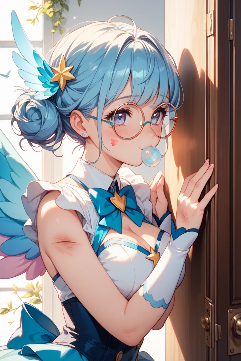 masutepiece, High resolution, 8K, anime woman, Delicate and detailed writing 、Detailed digital illustration、(((Pixie Bob)))、Shiny hair、a very beautiful woman、Eyes are double, Large,、 Bust is D cup、High image quality, High quality、Detailed background、The inside of the eye shines like a diamond、(((Blue hair)))、(((swept bangs)))、Gradient pupil、(((2 arms、4 fingers, 1 thumb)))、Detailed female face、a very beautiful woman、、细致背景、​masterpiece、Soft Focus , Bright gradient watercolor , Lens Flare , (((Glitter))) , Glow , Dreamy ,Idol、Light blue ribbon、((Very beautiful light blue rose hair accessories))、White and light blue and golden costume、(((wears glasses)))、intelligent woman,、((Chest macros))、Background night、1 Star Background、with full of stars,hide one's hands、(angel costume, Halloween Costume:1.8),Sexy Pose