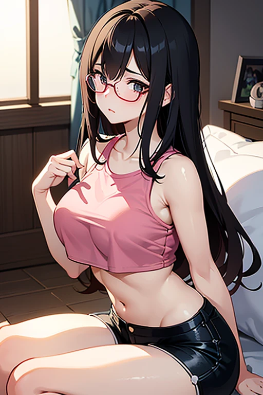 One Woman、beautiful girl、Sit on a chair、Big glasses、Dark Room、computer、Sit in a gaming chair、High-end headphones、Grip the game controller、computerに向き合う、In underwear、beautiful girl, Highest quality, Stripes模様のブラジャー、Game Geek、Thick thighs、Big 、Big Ass、Black Hair、long hair、Bangs、Sweaty body、I&#39;m sweating all over、Excited、Stripes々Panties、Play online games、片足を組みながらSit on a chair