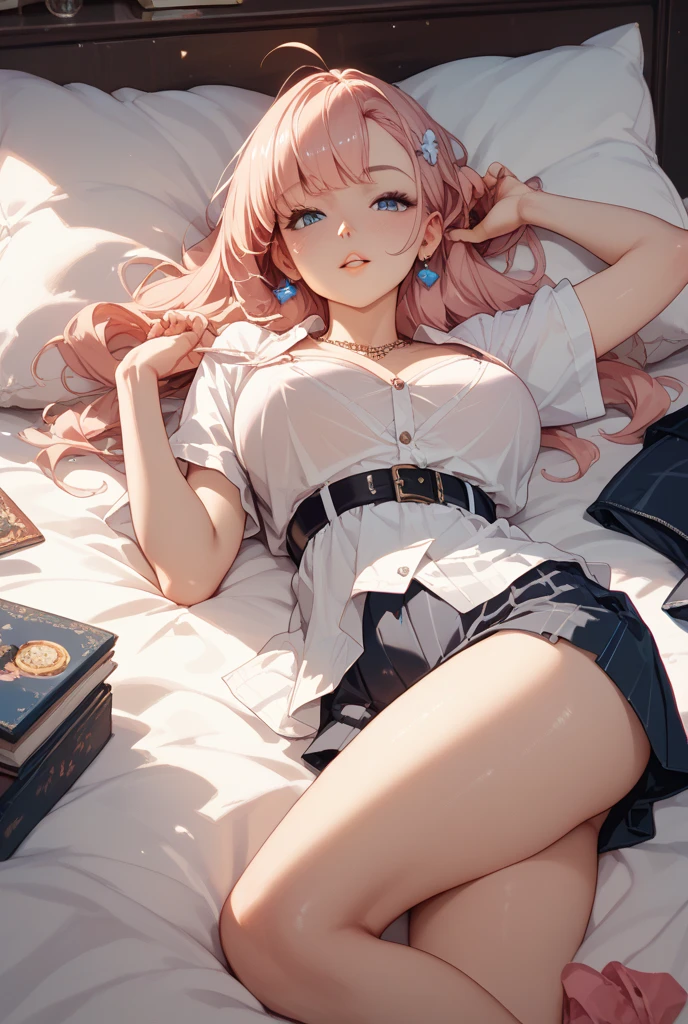 High resolution, highest quality, illustration, super detailed, (detailed face), (detailed eyes), soft lighting, best quality, hazy light, dreamy atmosphere, super detailed, masterpiece, 1 girl, solo, long pink hair, white T-shirt, skirt, knitwear, bright eyes, middle chest, (coloured), high-end room, sofa, red wine --auto --s2