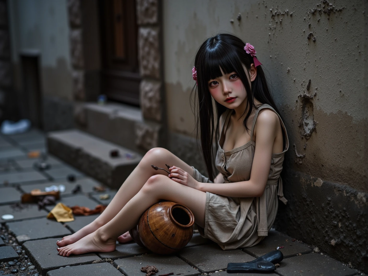 A girl in a school uniform sat on the wet ground in a dirty and cluttered alley, her clothes soaked through from the rain.white pantyhose without shoes,She was surrounded by overflowing trash bins and piles of garbage, the stench overwhelming. Tears streamed down her face, her sobs the only sound in the otherwise quiet and desolate alleyway. The rain continued to fall, drumming against the pavement and mixing with the refuse to create a disgusting slurry at her side.