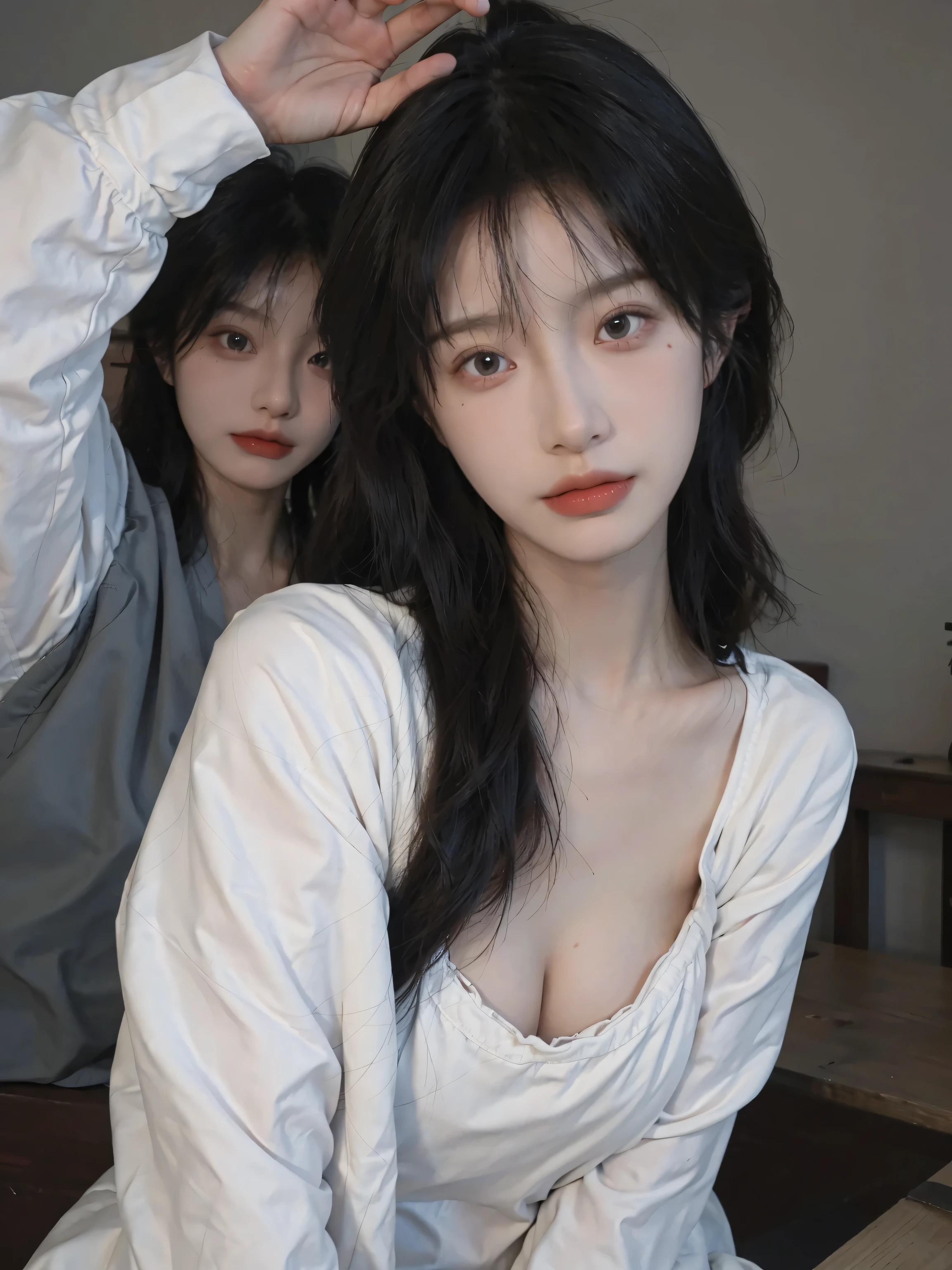 best qualtiy, Ultra-high resolution, (realisticlying:1.4), one-girl,Pink Long Hair, A pair of clear and moving eyes,Royal Sister,Snow-white school uniform, (big cleavage breasts:1.2), looking at viewert, closeup cleavage ,