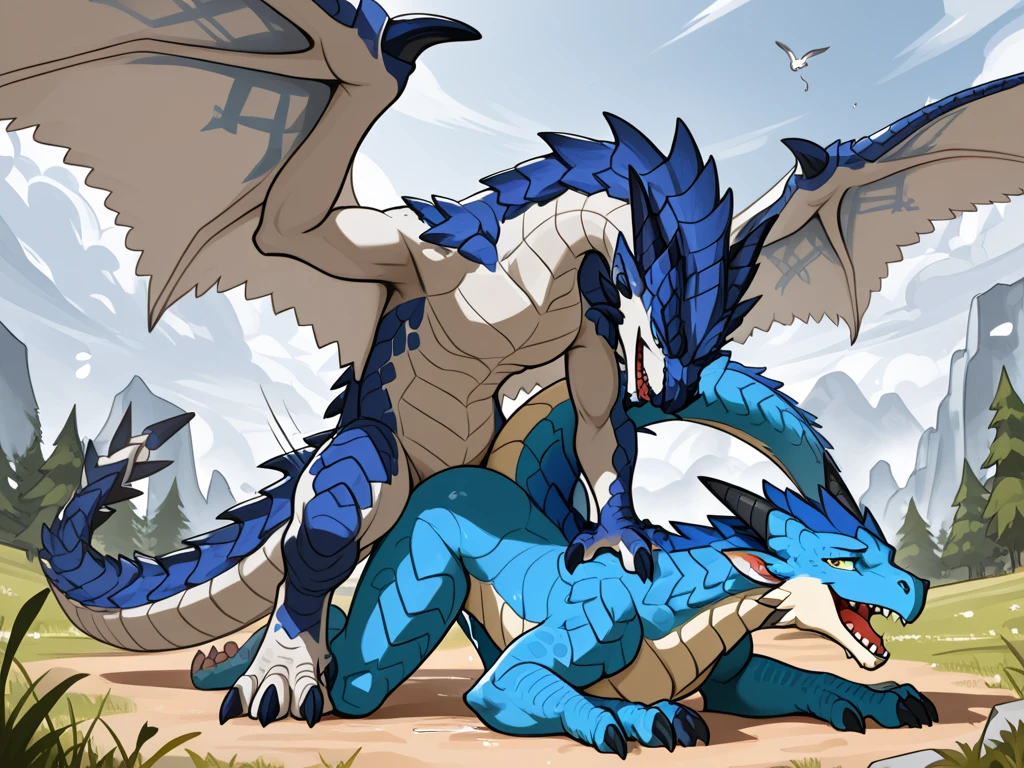 duo: polar well built polar bear by rossciaco coming from behind dragon , ( blue eyes dragon , dark blue violet and azure scales and white belly, yellow crest hair , well built , profile, fulfilled face, kemono , high quality , merging skin ) , polar bear in front full body view , feet