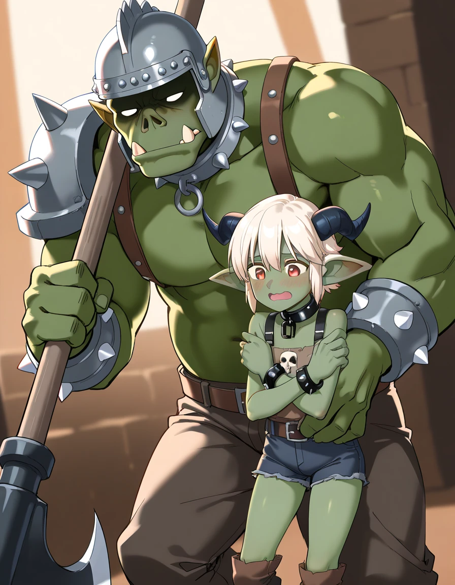 masterpiece, (((goblinriding, a goblin is riding a girl))), goblin, mutiple goblins, goblins, (((all fours))), 1girl, (Large Machine-Made Choker:1.1), (nose hook), reins, collar, chain, rope, obey, happy trance, smile, hair ornaments, large breast, huge breast, expressionless, emotionless, blank eyes, empty eyes, mind control, NaritaTopRoad,blonde hair, purple eyes, medium hair, horse ears, animal_ears, apocalyptic background, multiple girls, battle, crowd, blood splatter, armor, fleeing, grabbing, running, foreshortening, attack, fighting, torn clothes, horror, monster, glowing eyes