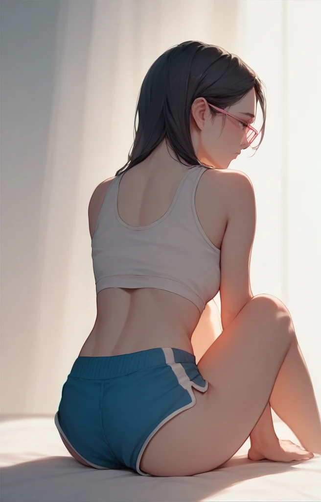 (elf girl), master piece, blushing, freckles, wide hips, slim waist, thick thighs, masterpiece, best quality, sfw, mature 26 year old woman, brown hair, moist face, bare shoulders,, wavy hair, mouth open, shiny. lips, beutiful round eyes, doe eyes, inocent, content, peaceful happy, dolfine shorts, athletic shorts, tanktop, black tanktop, whife beater, oily skin, oil, short strings in knot, pointy ears, indoors, in bedroom, looking up at viewer, slender figure, standing, legs spread, legs open, hands in lap, sfw, clothes, pony tail, arms up, glasses resting on top of head, sunglasses on forehead