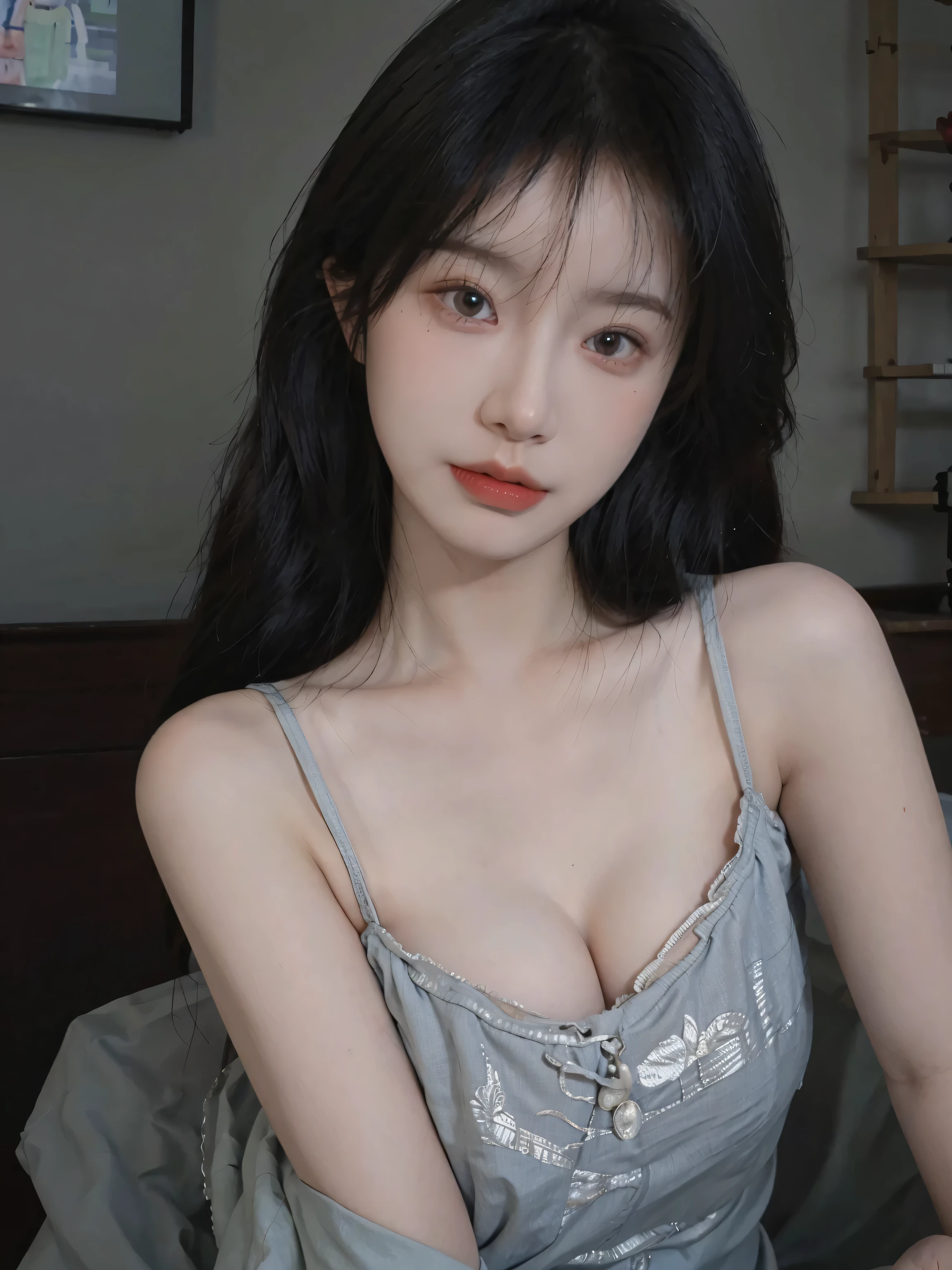 Portrait photography,1 girl,White background,Flowers,White JK,Bare shoulders,Lipstick,(Big Breasts:1.6),Shoulder-Length Wavy Hair,Wear a necklace,Headband,serene,calm,(Realistic and detailed eyes,Natural skin texture,Realistic facial details),