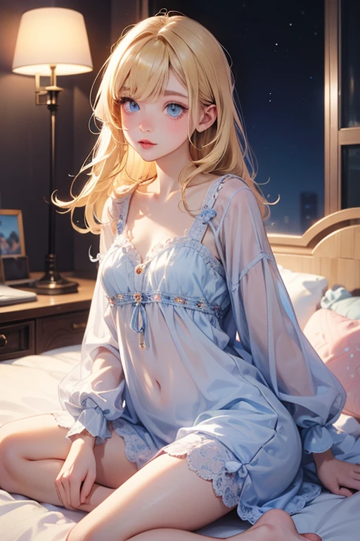 Layla (masterpiece), (highest quality), (Super detailed),(messy hair),(shape), (1 girl), detailed and beautiful eyes,delicate beautiful face,floating,(high color saturation),(colorful splashes),colorful bubble,(shining),focus on face, night, sitting on the bed, g;that'cage, Golden Star, pink nightgown