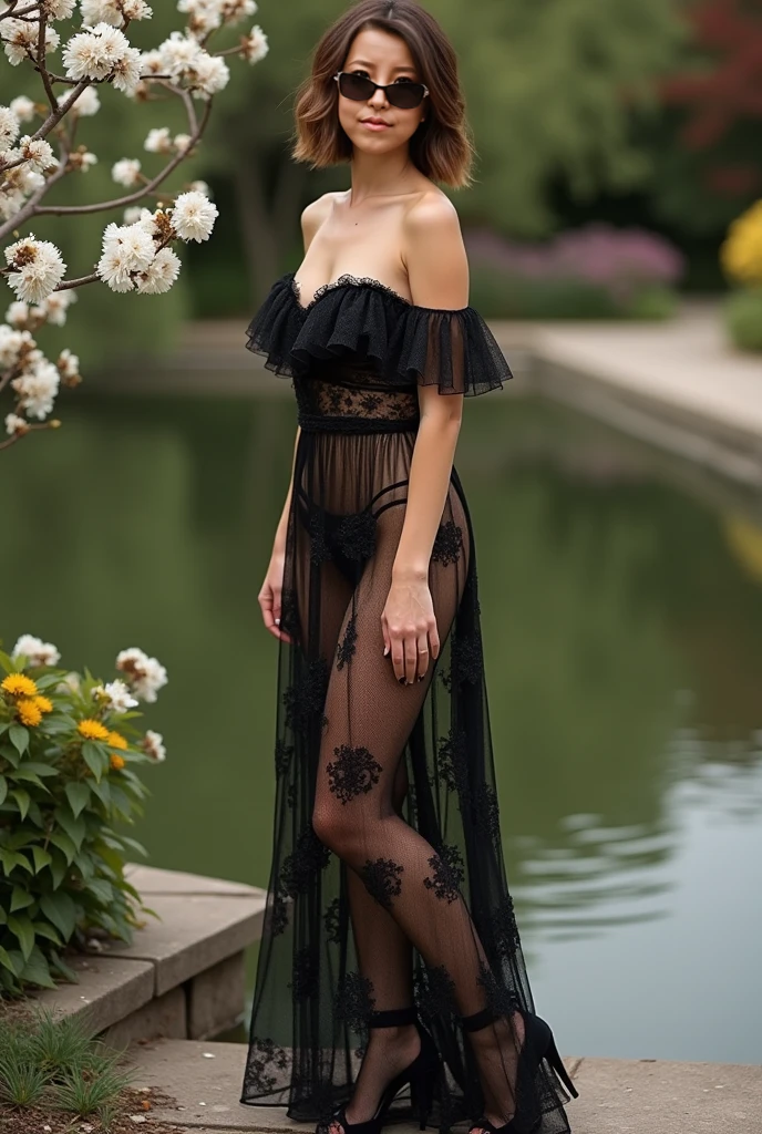 (best quality,4k,8k,highres,masterpiece:1.2),ultra-detailed,(realistic,photorealistic,photo-realistic:1.37),HDR,medium:1.1,ultra-fine painting,stunning black&gold lace dress,breathtaking black&gold maxi dress,beautiful detailed eyes,luscious full lips,attractive long black eyelashes,mesmerizing gaze,sultry expression,
curly flowing hair,charming smile,slender waist,graceful posture,amazing figure,long legs,high heels,alluring aura,vibrant colors,
gorgeous evening garden background,soft glowing evening light,subtle shadows,serene atmosphere,seductive ambiance,faint fragrance of flowers,charming butterflies dancing around,seduces the viewer to approach,invites the viewer to explore the beauty,
provocative yet elegant,immersive art experience,irresistible allure,eye-catching details,captivating composition,artistic masterpiece,
evokes a sense of desire and enchantment,exudes sensuality and elegance,creates an intimate connection between the viewer and the subject,perfect balance between sophistication and seduction.