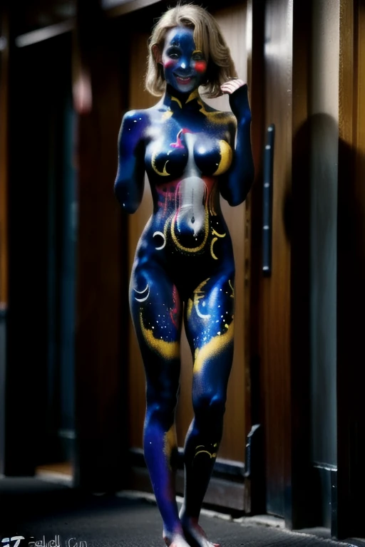 (galactic body paint photoshoot:1.5), (female model with big hips and toned legs), (cosmic and space-themed designs), (futuristic and elegant poses), (studio setting), (vibrant and contrasting colors), (high definition), (intricate details), (high quality, vivid colors)