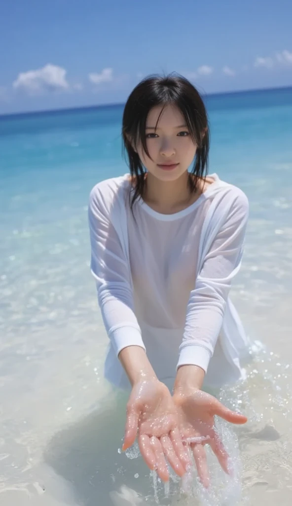 Ocean,9 talents,((White dress)),woman,Sunlight from above,(Boyish hairstyle),Turn around,(smile),Kicking the water at the shore,eye catching,Splattering splashes,Reflector from the opposite side of the sun,瞳にeye catching,(The silhouette of the body is visible),high resolution,High definition,Black Hair,((Wet and stuck skirt)),南国のOceanの色,Swimsuit tanned skin
